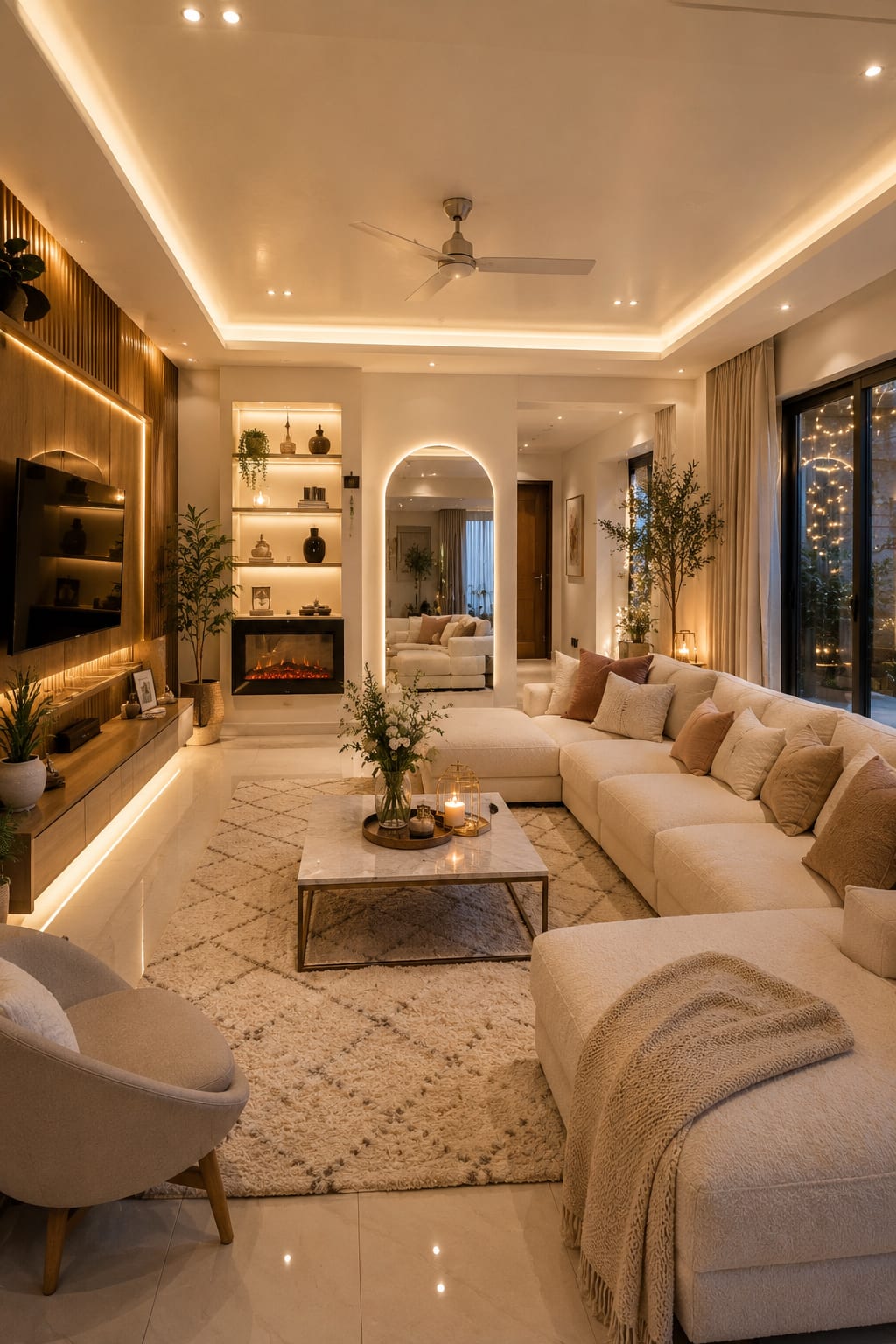 A Cozy Warm Living Room with a Fluted-Wood TV Wall A warm modern living room at night with a fluted-wood TV wall, an electric fireplace, a backlit arched niche, a cream sectional, a marble coffee table, a tray ceiling cove and fairy-lit windows.