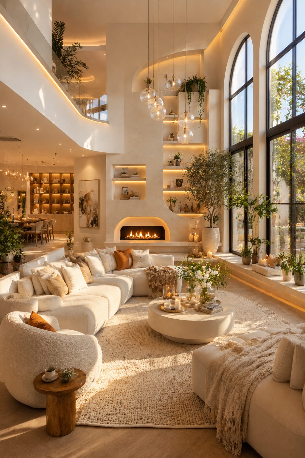 A Double-Height Organic Living Room with Cluster Pendants A grand double-height organic living room with a cluster of glass pendant lights, curved cream sofas, a linear fireplace, floating lit shelves, a mezzanine balcony, an indoor tree and huge arched windows.