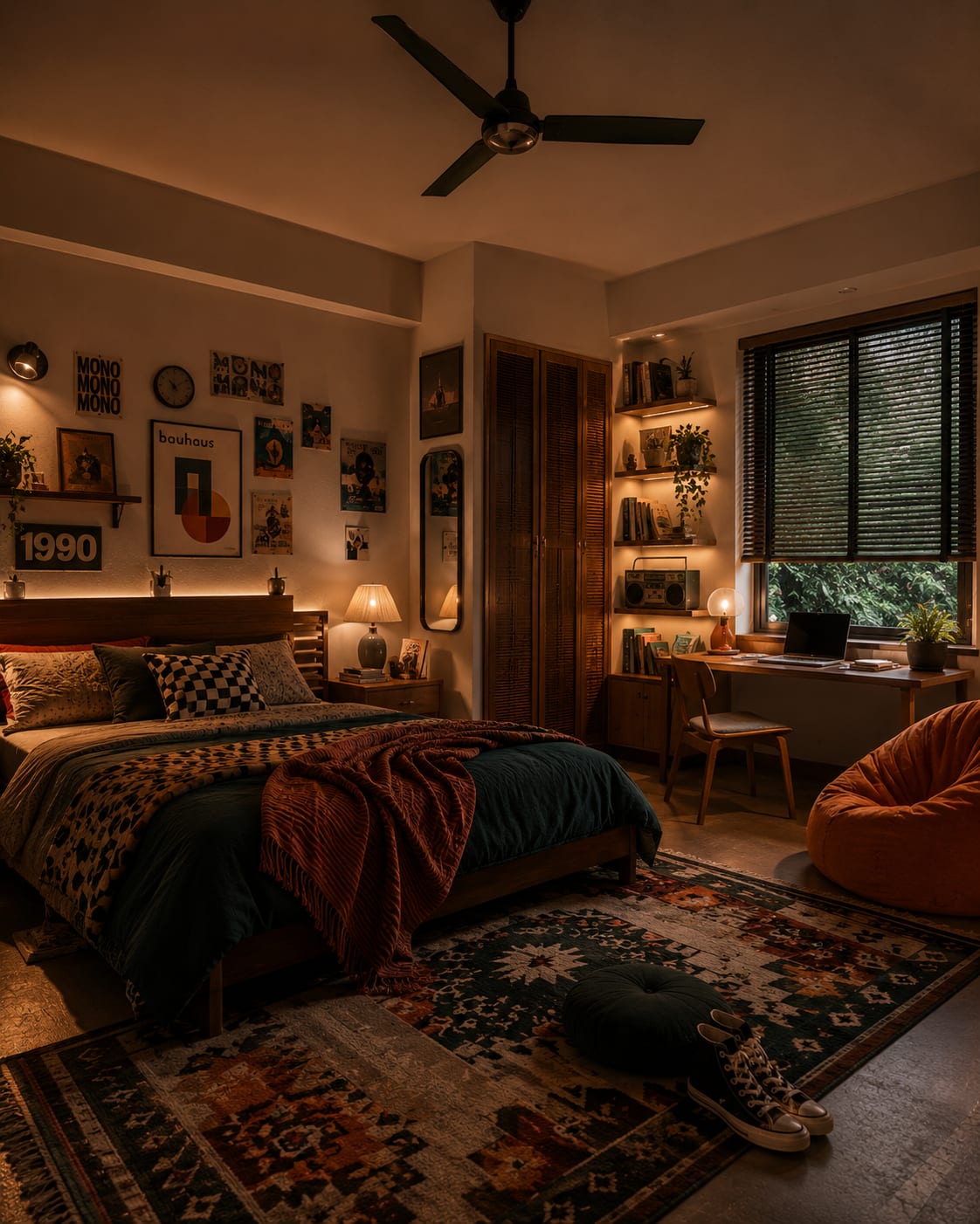A cozy aesthetic bedroom with a retro gallery poster wall, warm lamp and shelf lighting, layered vintage rugs, a study desk nook, trailing plants, a bean bag and eclectic decor.