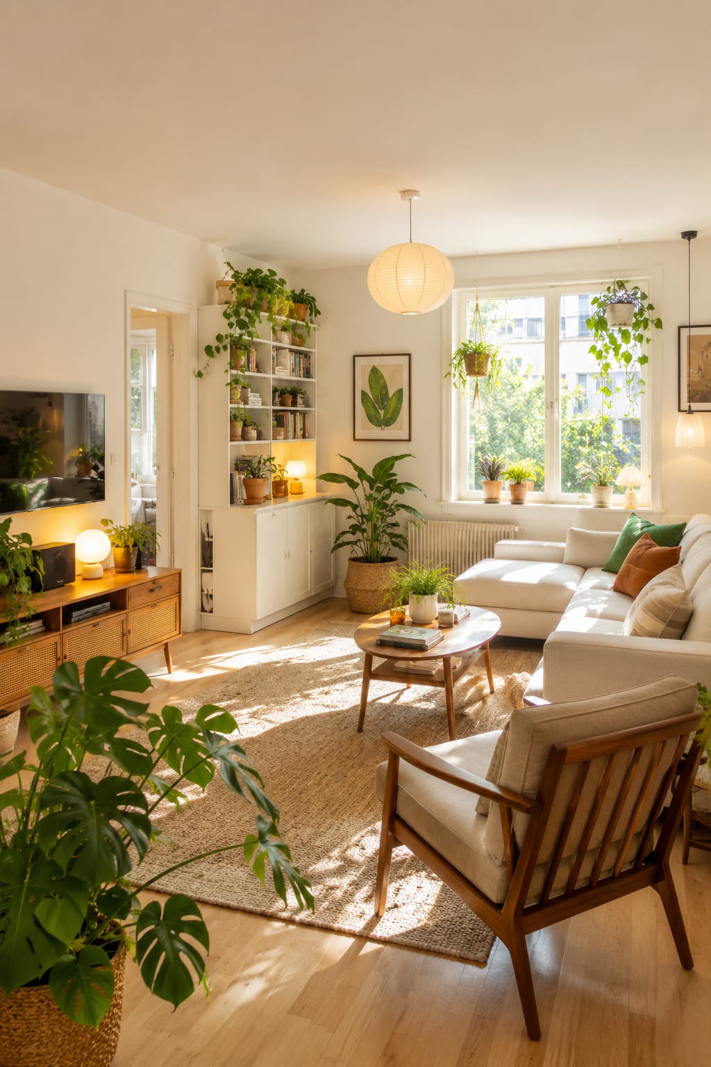 A Warm Mid-Century Living Room with Plants and Golden Light A cozy mid-century living room bathed in golden afternoon light, with a cane media console, a linen sectional, a paper lantern, a monstera and layered plants on a jute rug.