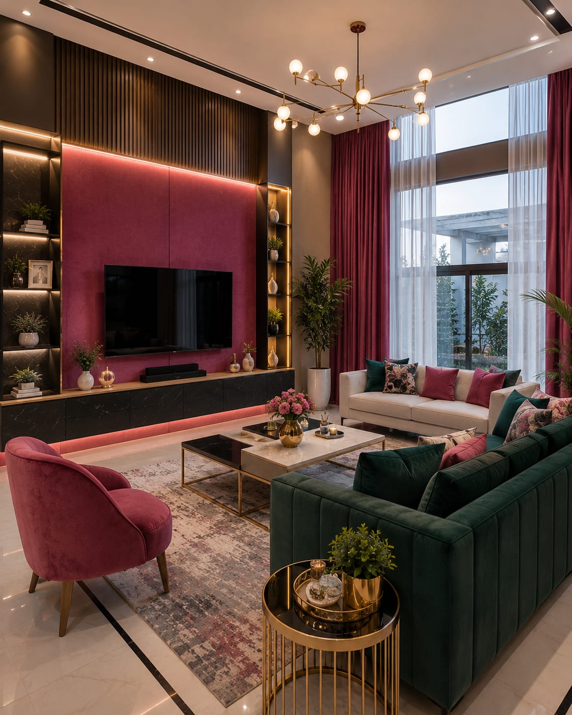 A double-height luxury living room with a berry-pink TV feature wall, emerald green velvet sofas, a berry velvet chair, a gold sputnik chandelier, marble tables and tall curtains.