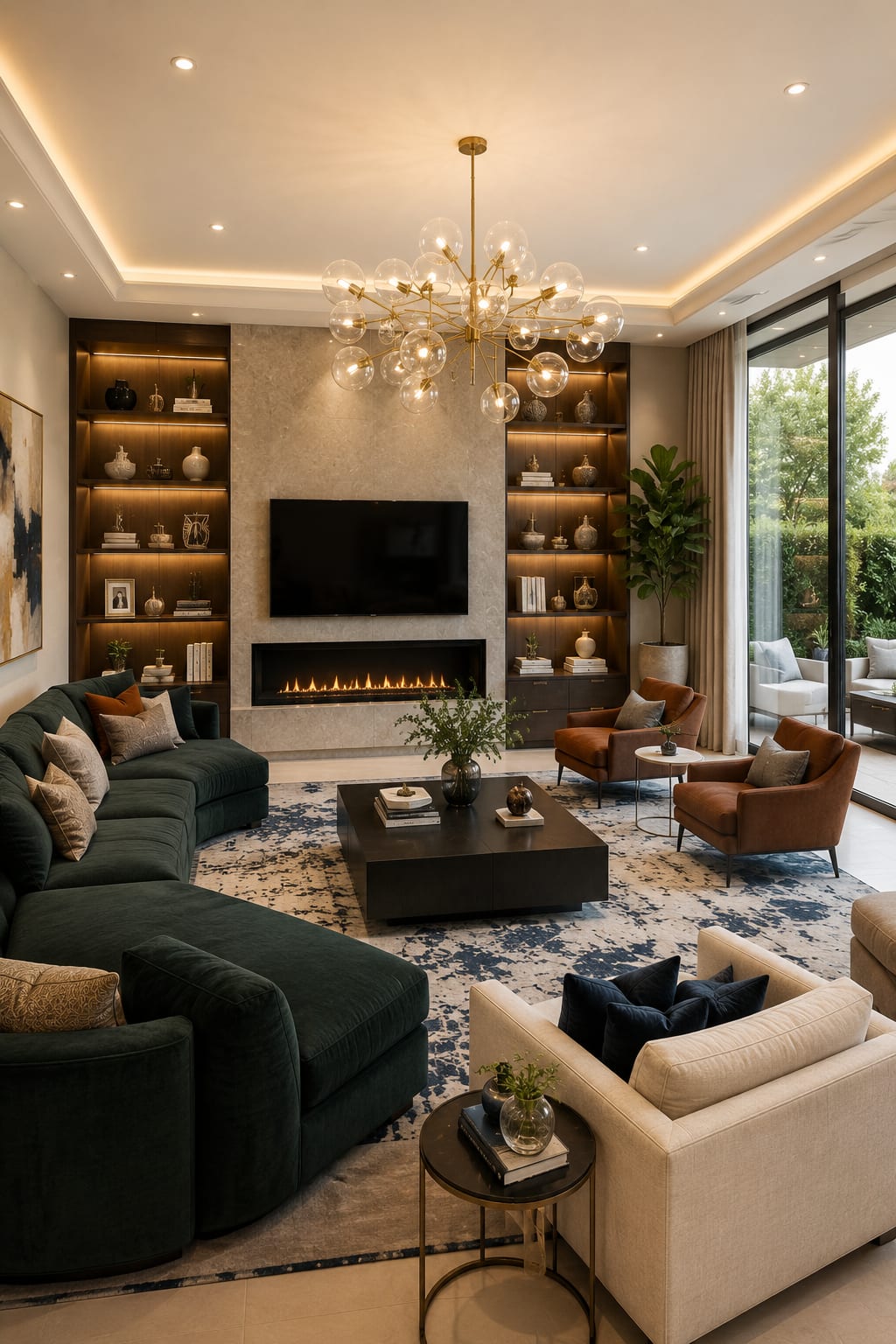 A Green Velvet and Cognac Leather Living Room That Feels Grown-Up A forest green velvet sectional meets cognac leather chairs around a marble fireplace wall, with a bubble chandelier and garden views to finish it.
