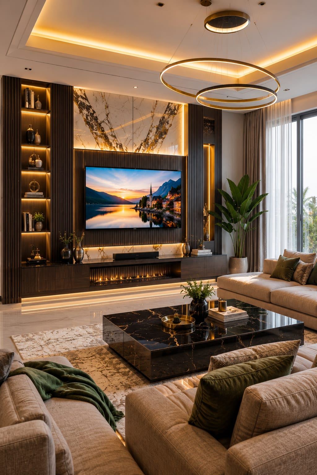 A Warm Neutral Living Room With a Gold-Veined Marble TV Wall Fluted wood, a gold-veined marble panel and a linear fire wrap the TV, while deep beige sofas and olive pillows keep this modern living room soft and warm.