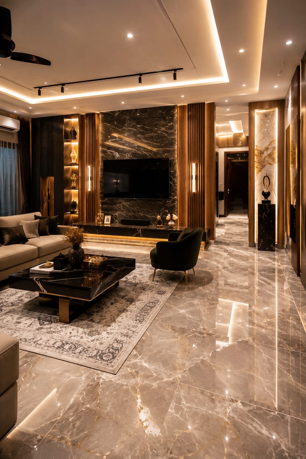 A Black Marble and Fluted Wood Living Room With Serious Drama A glossy, gold-veined living room where a black marble TV wall, warm fluted wood and polished stone floors read pure luxury.