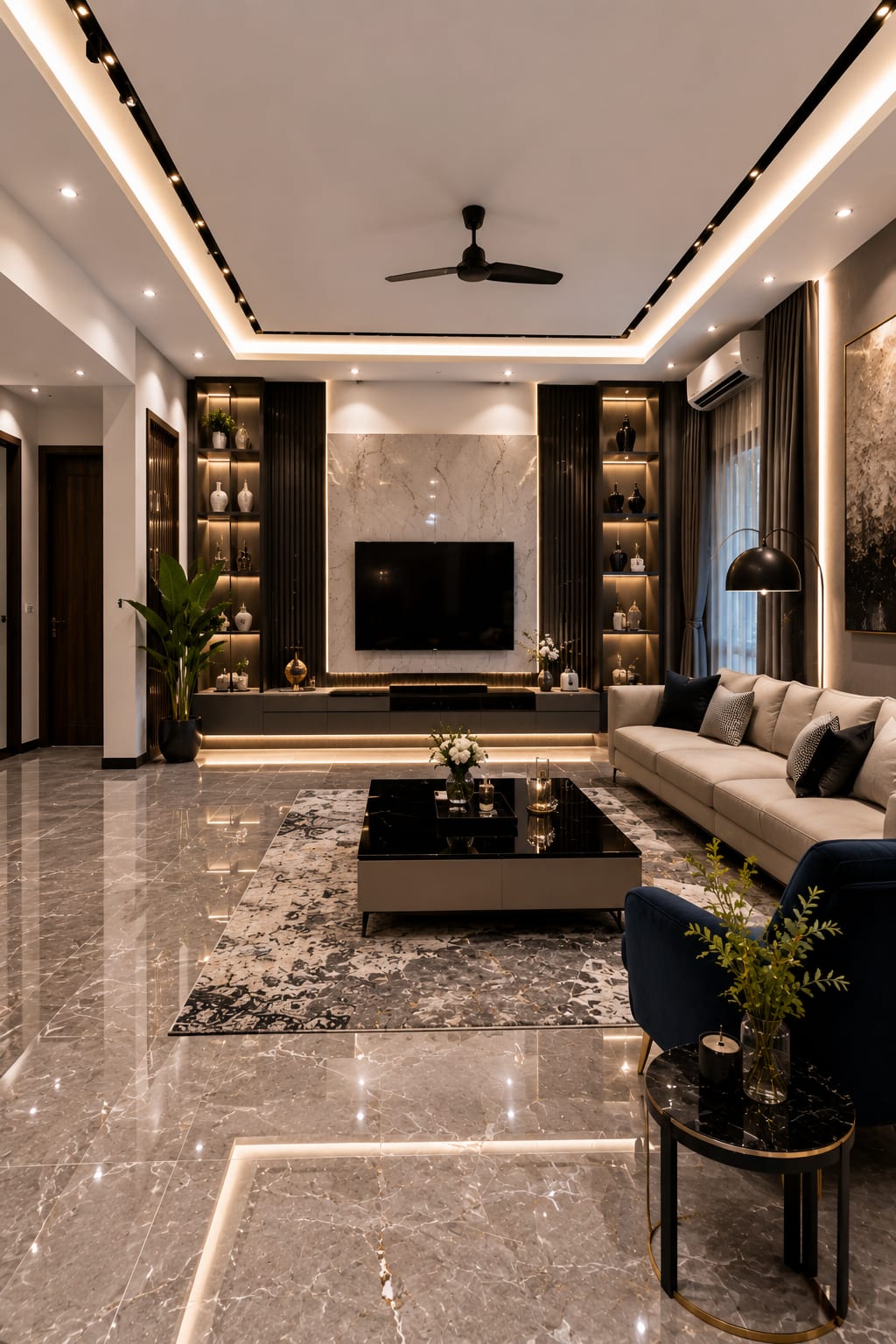 A White Marble TV Wall Living Room That Balances Bright and Bold A bright modern living room with a white marble TV wall, backlit display niches, a cream sofa and navy accents over glossy floors.
