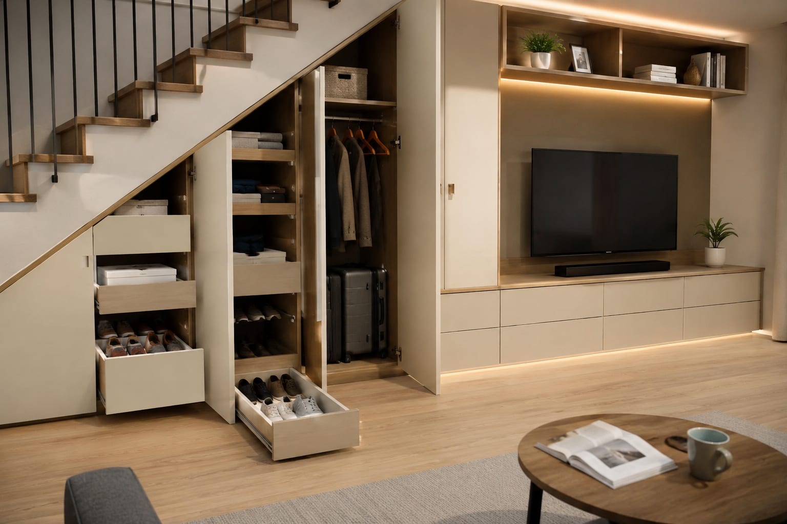 Under-stair storage with pull-out drawers, shoe racks and a hidden coat rail beside a modern media unit Under-stair storage with pull-out drawers, shoe racks and a hidden coat rail beside a modern media unit
