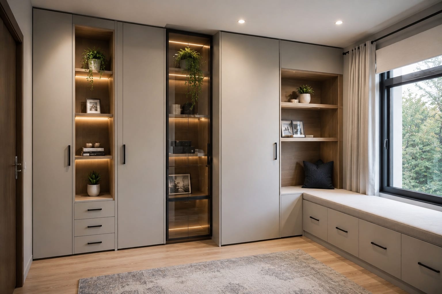 Built-in floor-to-ceiling wardrobes with a lit glass display cabinet and a window seat with drawers Built-in floor-to-ceiling wardrobes with a lit glass display cabinet and a window seat with drawers