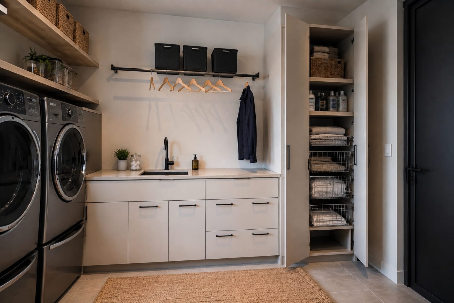 Laundry room with a wall hanging rail, open shelves with baskets and a linen cupboard with pull-out wire baskets Laundry room with a wall hanging rail, open shelves with baskets and a linen cupboard with pull-out wire baskets