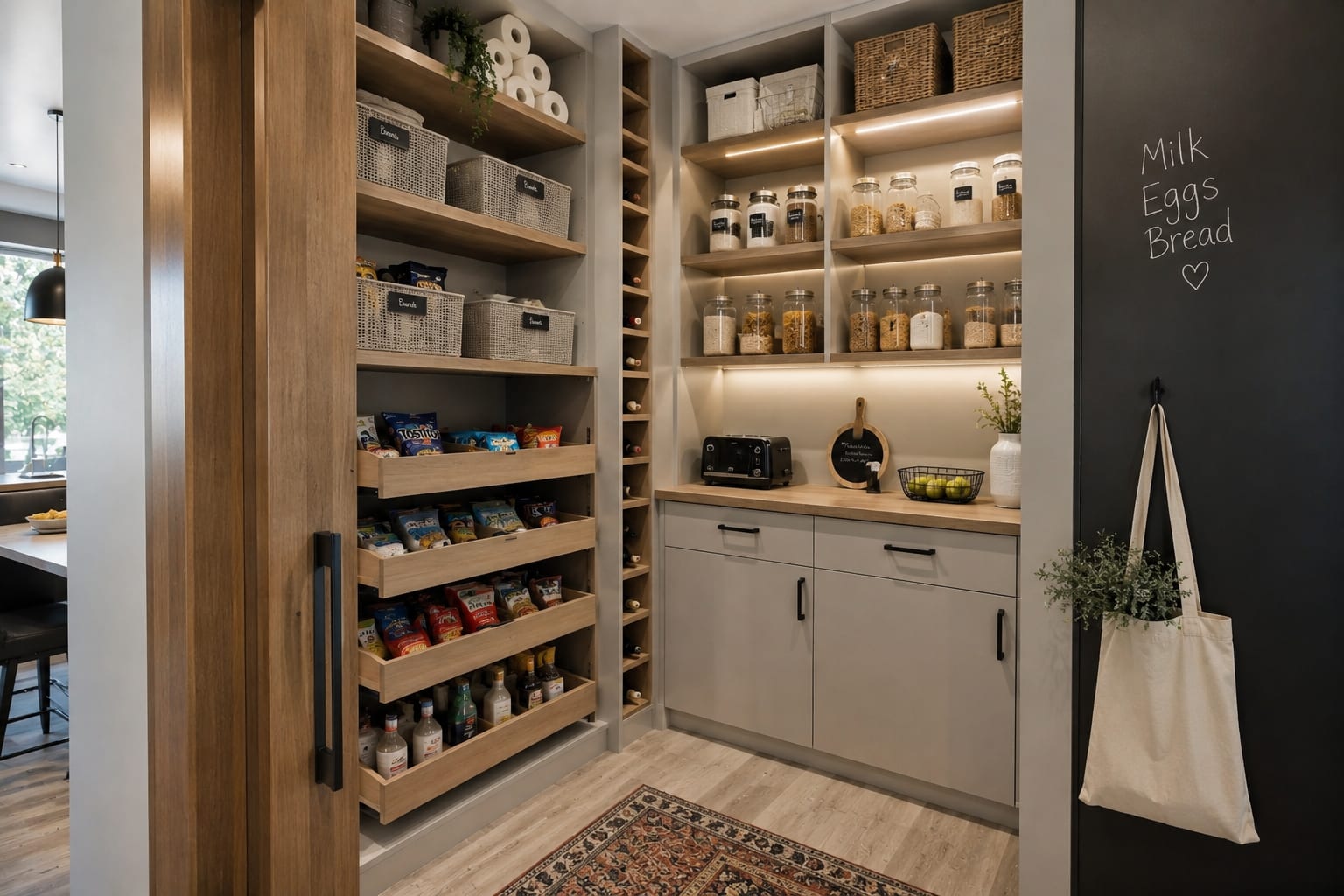Walk-in pantry with pull-out wicker baskets, labelled jars, a slim wine rack and a chalkboard shopping-list door Walk-in pantry with pull-out wicker baskets, labelled jars, a slim wine rack and a chalkboard shopping-list door