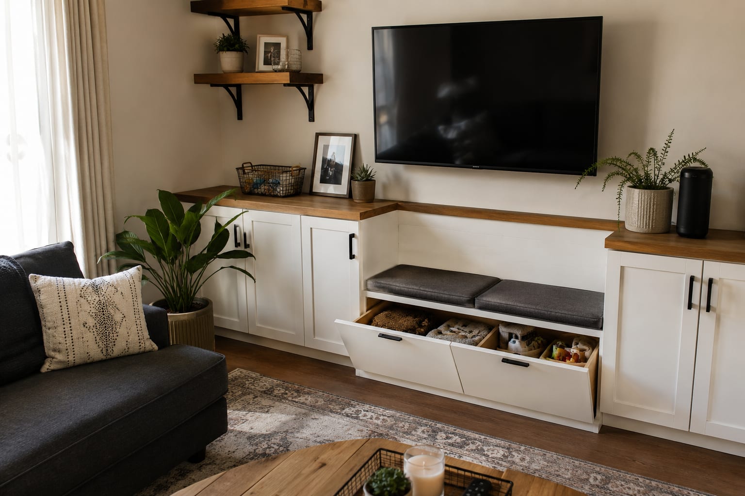 Living room media wall with white cabinets, a wall-mounted TV and a central bench with a lift-up storage seat Living room media wall with white cabinets, a wall-mounted TV and a central bench with a lift-up storage seat