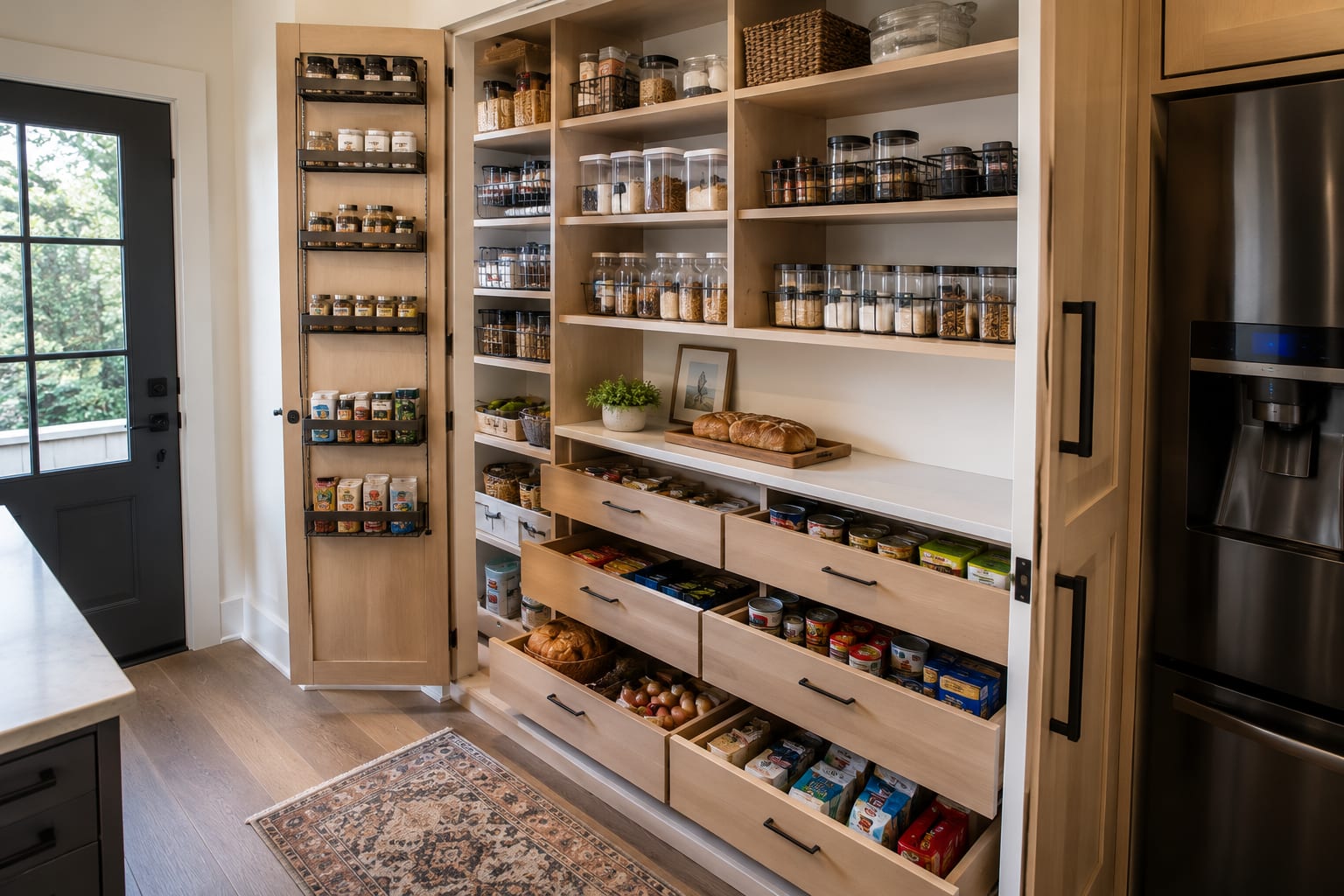 Kitchen pantry with deep pull-out drawers for cans and packets, a door-mounted spice rack and labelled jars Kitchen pantry with deep pull-out drawers for cans and packets, a door-mounted spice rack and labelled jars
