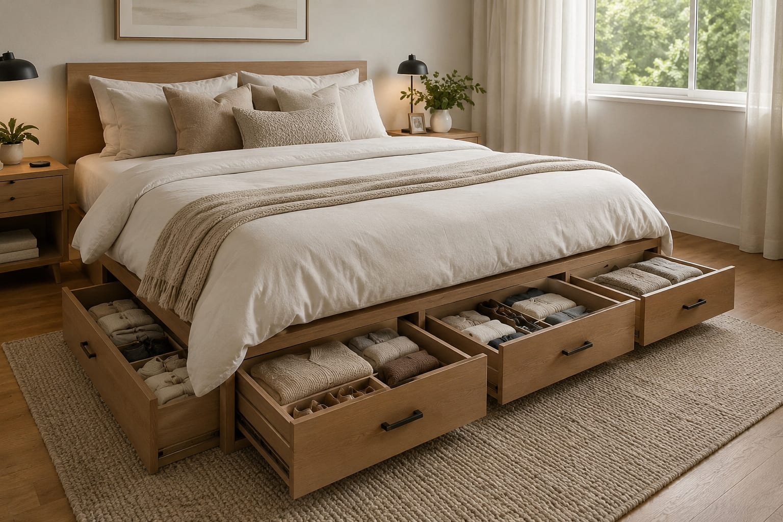 Wooden platform storage bed with several large pull-out drawers underneath holding neatly folded clothes Wooden platform storage bed with several large pull-out drawers underneath holding neatly folded clothes