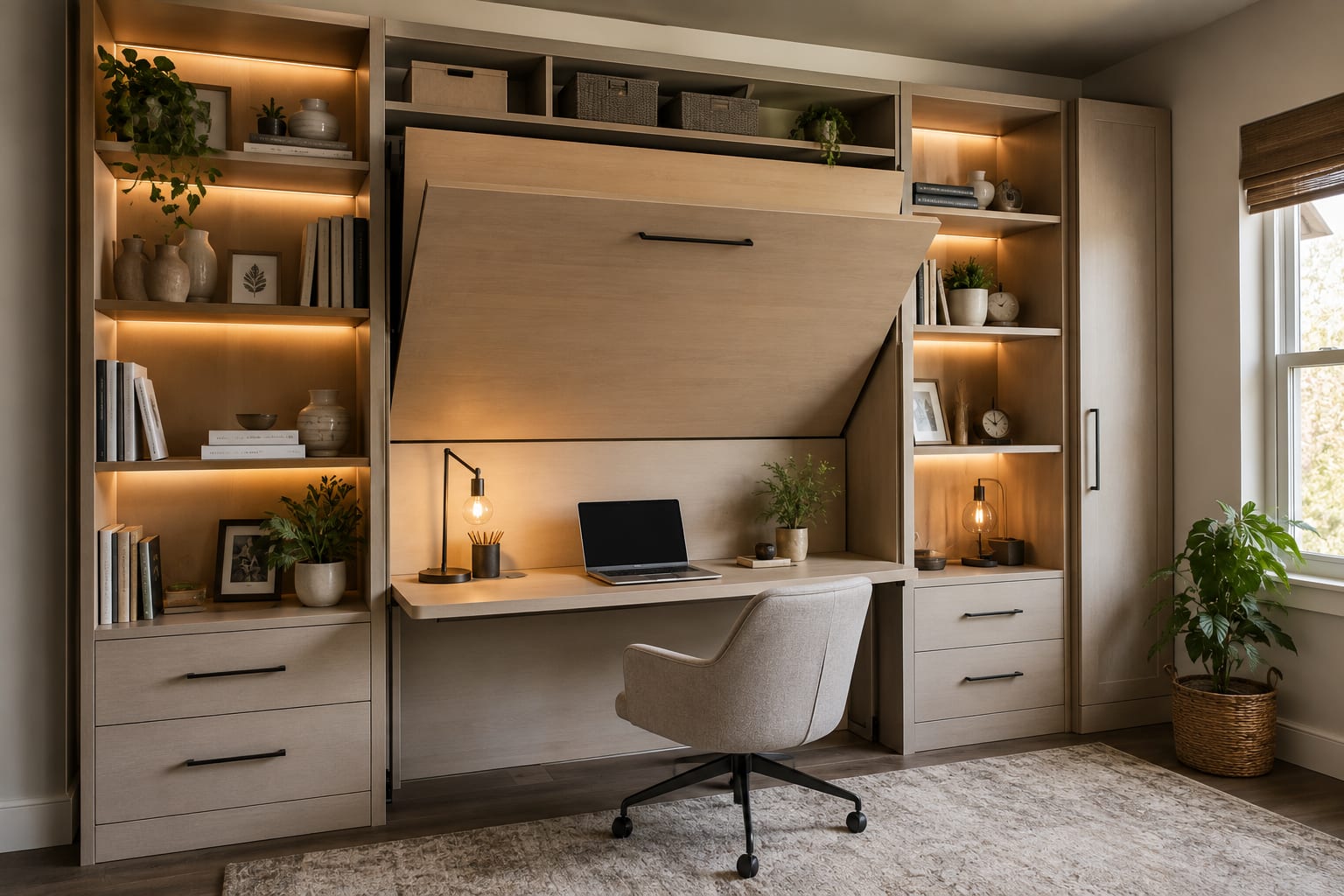 Built-in shelving wall with a fold-down Murphy desk, lit shelves and drawers holding a laptop and lamp Built-in shelving wall with a fold-down Murphy desk, lit shelves and drawers holding a laptop and lamp