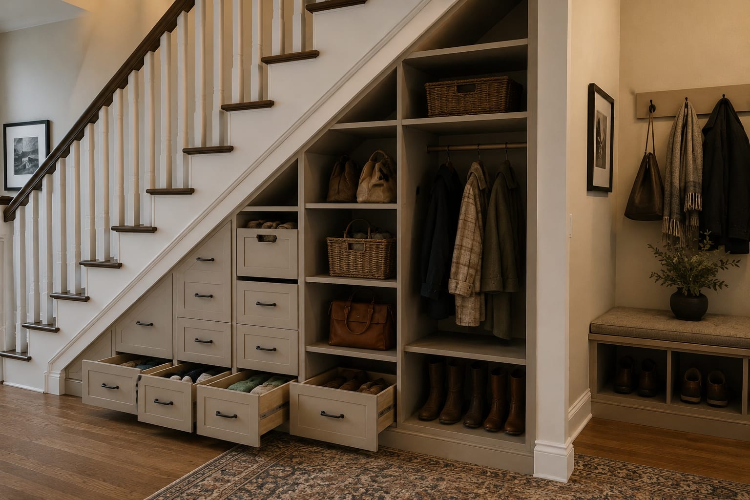 Under-stair storage with pull-out drawers, open cubbies for bags, a hanging rail and a boot shelf Under-stair storage with pull-out drawers, open cubbies for bags, a hanging rail and a boot shelf