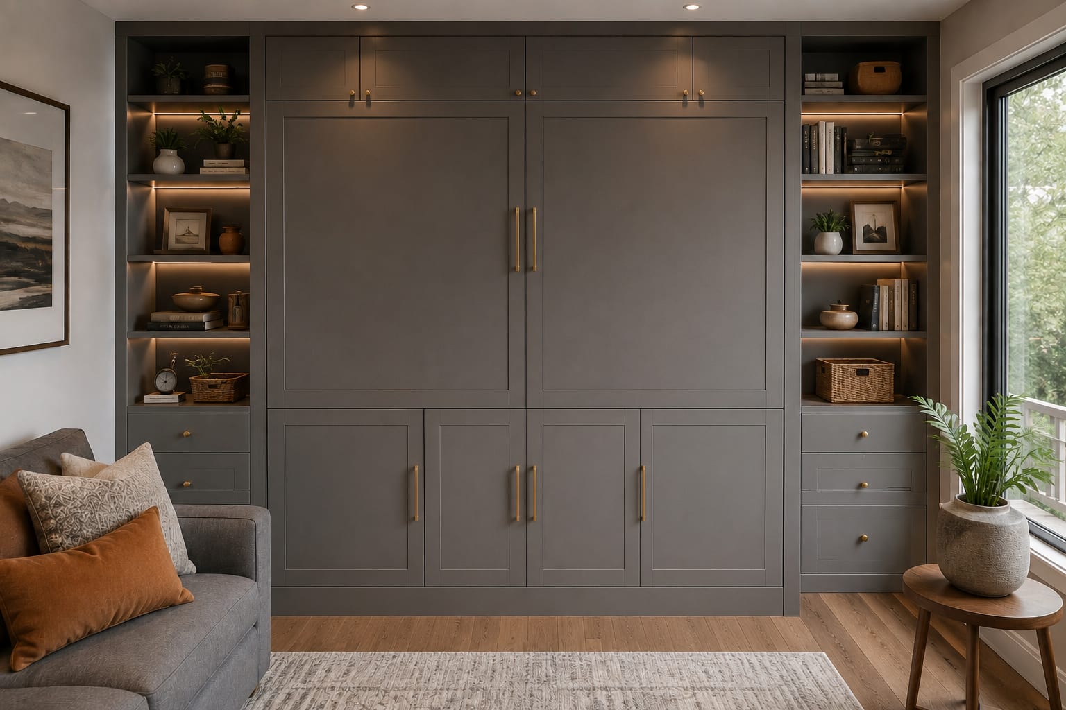 A wall of grey built-in cabinetry with gold handles, flanked by lit bookshelves, that hides a fold-down bed A wall of grey built-in cabinetry with gold handles, flanked by lit bookshelves, that hides a fold-down bed
