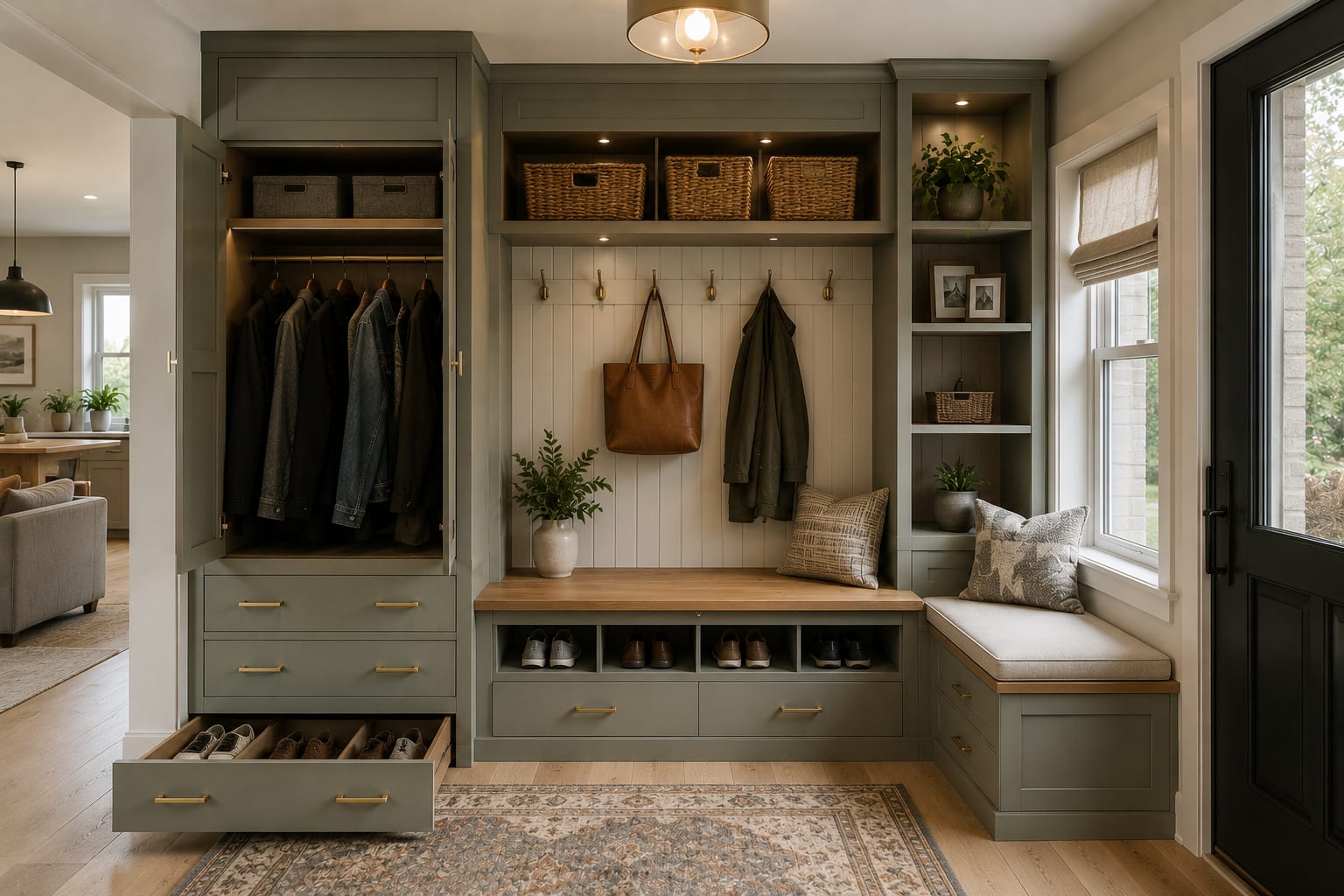 Sage green mudroom with hooks, a bench with shoe cubbies, a pull-out shoe drawer and baskets on top Sage green mudroom with hooks, a bench with shoe cubbies, a pull-out shoe drawer and baskets on top