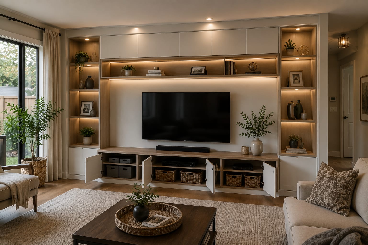 Living room media wall with lit display shelves and closed cabinets holding baskets for remotes and media Living room media wall with lit display shelves and closed cabinets holding baskets for remotes and media