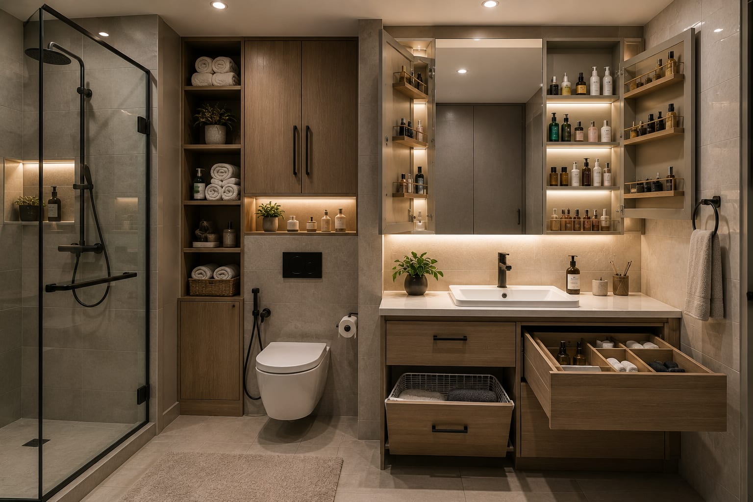 Small bathroom with a pull-out mirror cabinet for toiletries, pull-out vanity drawers and a tall towel shelf Small bathroom with a pull-out mirror cabinet for toiletries, pull-out vanity drawers and a tall towel shelf
