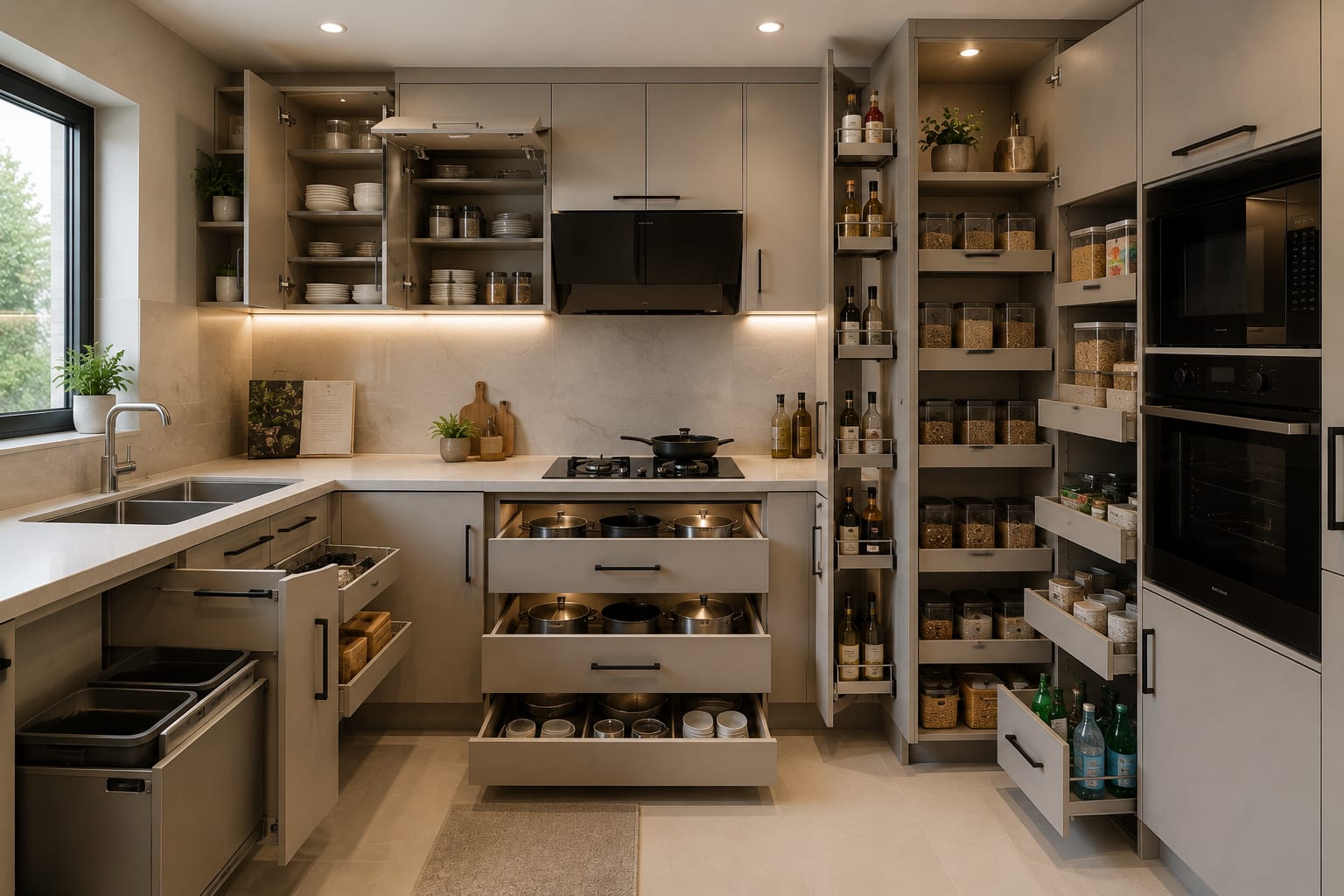 Small kitchen with a full-height pull-out larder, deep pull-out pot drawers and a concealed pull-out bin Small kitchen with a full-height pull-out larder, deep pull-out pot drawers and a concealed pull-out bin