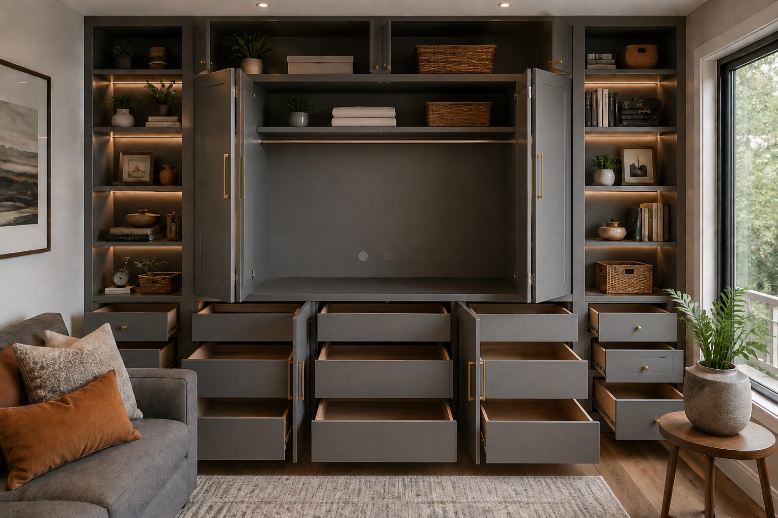 The same built-in wall opened to reveal a fold-down Murphy bed with a shelf and deep pull-out drawers The same built-in wall opened to reveal a fold-down Murphy bed with a shelf and deep pull-out drawers