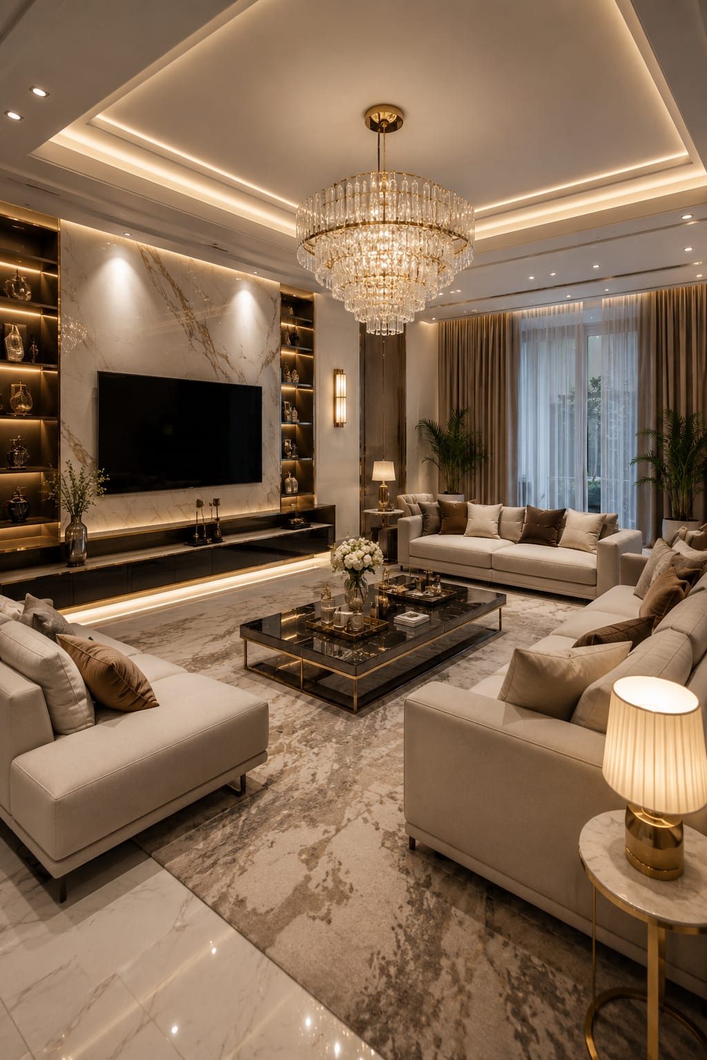 A tight, tonal palette of warm whites and soft beige lets the eye glide across the room, which reads as more space and more luxury. A calm living room in a tight, warm neutral palette