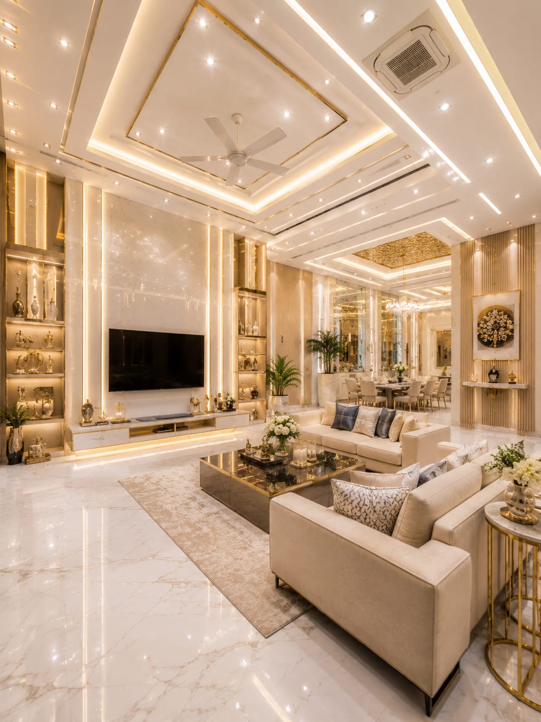 Floor-to-ceiling lines, tall columns and high-hung drapes pull the eye upward and make the whole room feel taller. A living room with tall columns and floor-to-ceiling lines