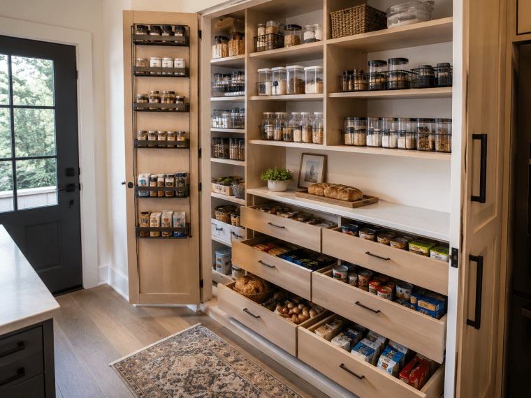Pull-Out Pantry Drawers and Door Spice Rack