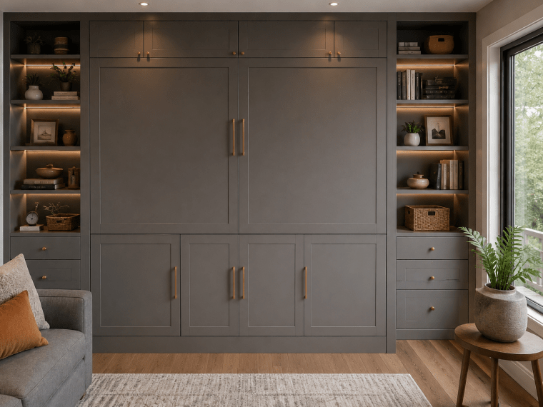 Floor-to-Ceiling Storage Wall for a Small Living Room