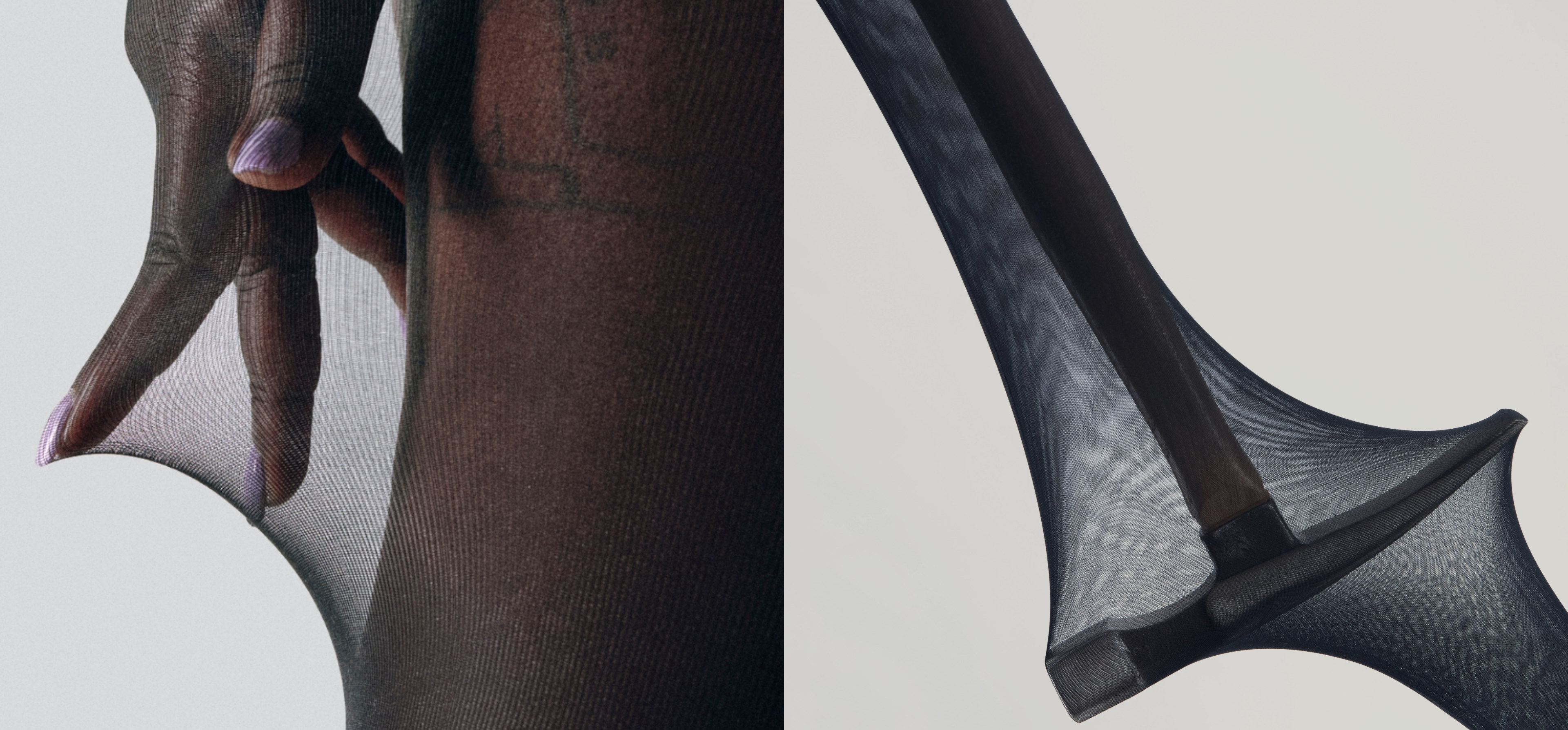 tights that are being stretched, unbreakable, side by side image, hosiery, close up of sheertex fiber, hammer and nails are not harming tights