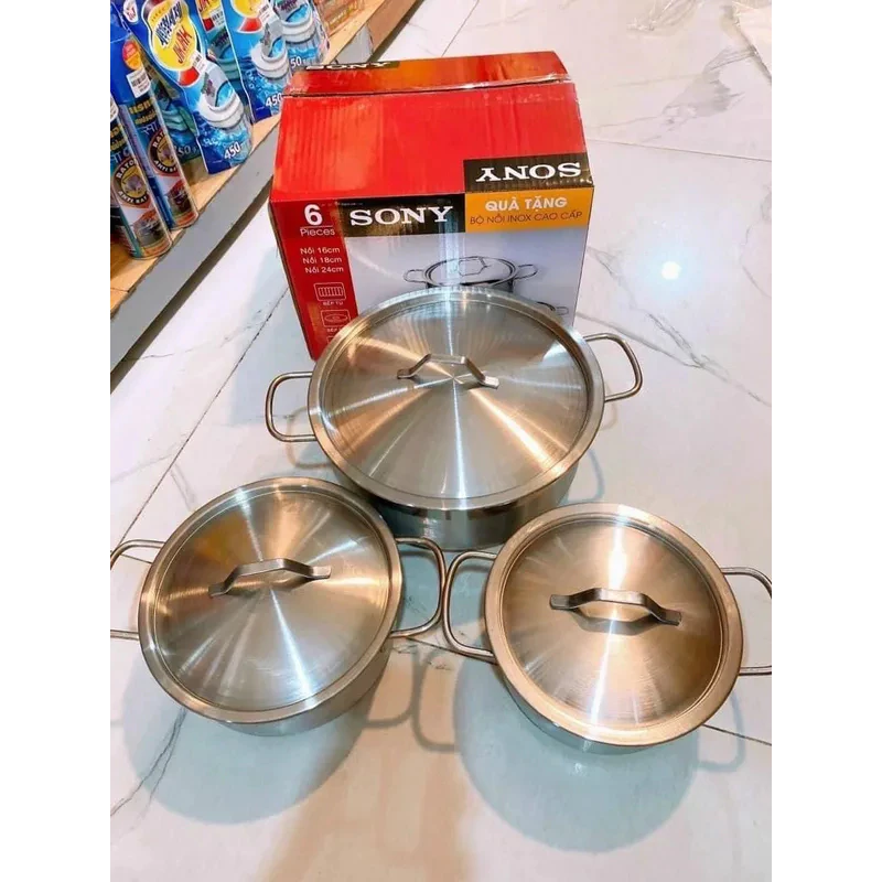 Bộ 3 nồi Inox Sony cao cấp nắp Inox size 16-18-24cm