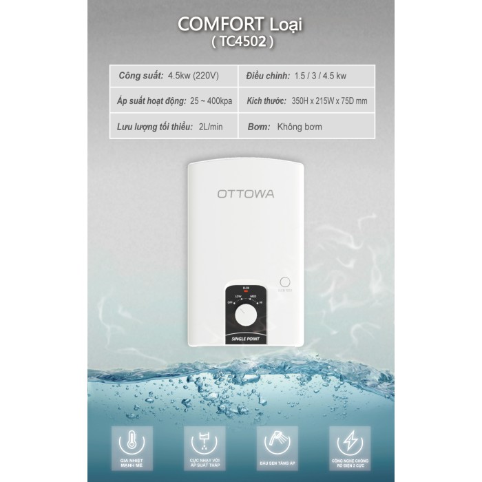 Máy nước nóng trực tiếp không có bơm trợ lực OTTOWA TC4502