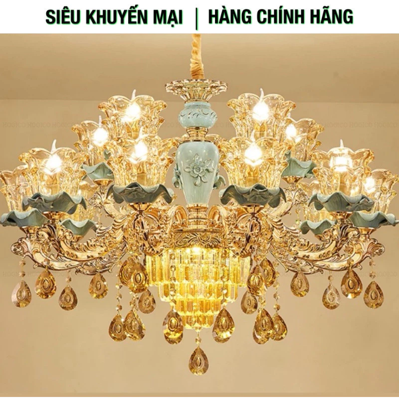Đèn chùm 15 tay kết hợp đèn pha lê, bát đá phối xanh (Tay 2 cánh hoa) 3802/15