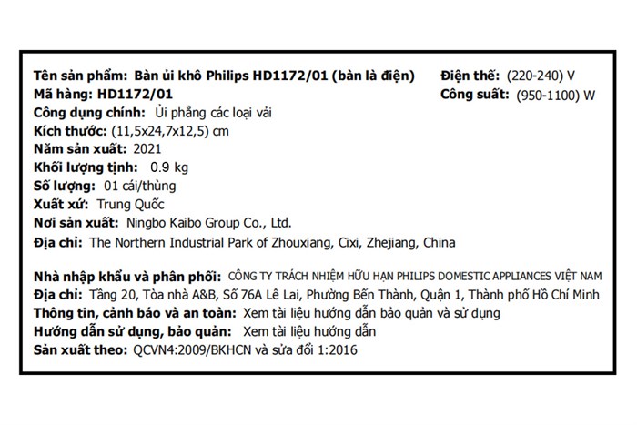 Bàn ủi khô Philips HD1172 1100W