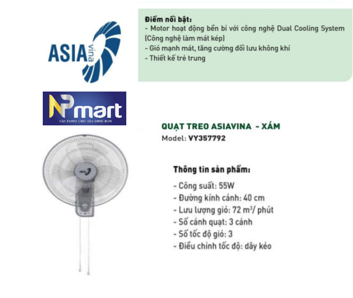 Quạt treo tường Asia VY357792 - Màu xám