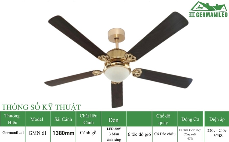 Quạt trần 5 cánh 40w Q61 GMN