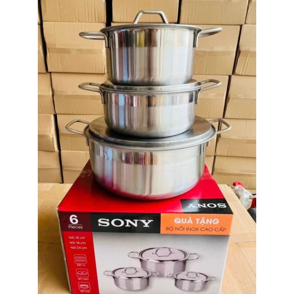 Bộ 3 nồi Inox Sony cao cấp nắp Inox size 16-18-24cm