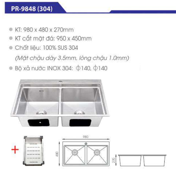 Chậu Inox 304 mờ 98x48cm Proxia