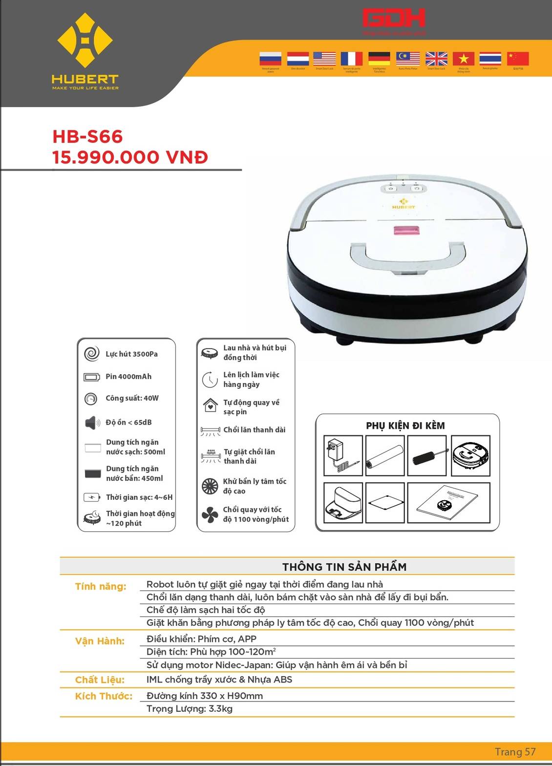 Robot hút bụi lau nhà Hubert HB-S66W - Tự Động Giặt Giẻ Của Đức