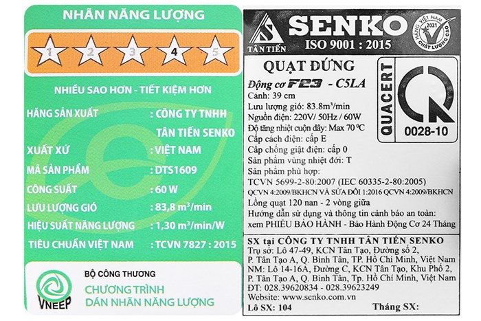Quạt đứng Senko 5 cánh DTS1609 60W
