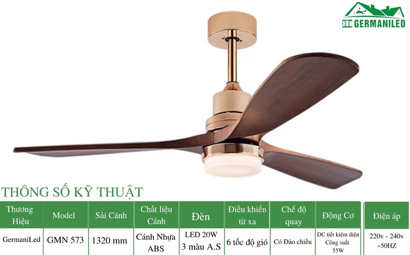 Quạt trần 3 cánh 55w Q573 GMN