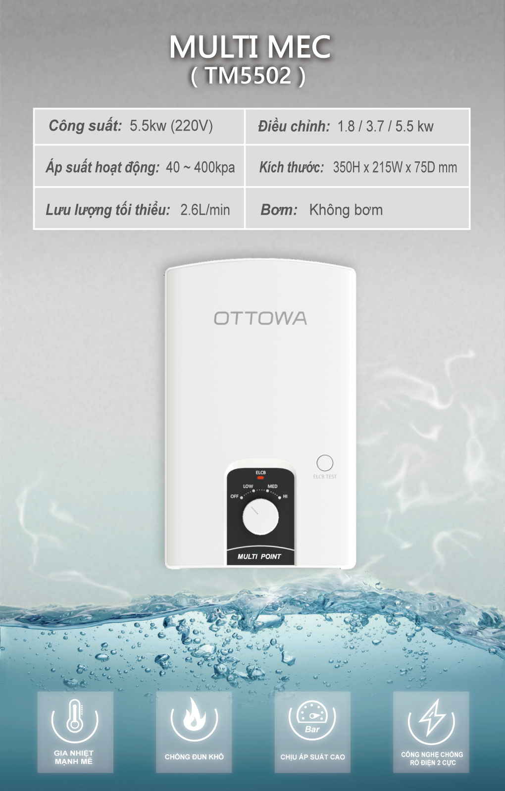 Máy nước nóng trực tiếp không có bơm trợ lực OTTOWA TM5502