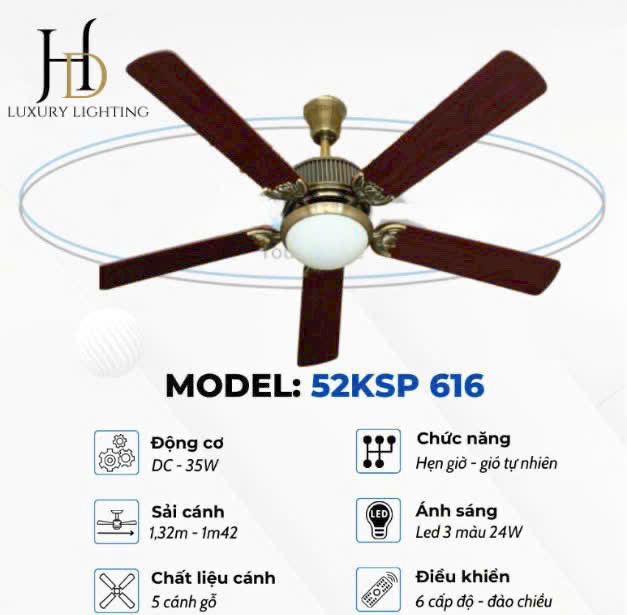 Quạt trần đèn 5 cánh gỗ Klasse 52KSP 616