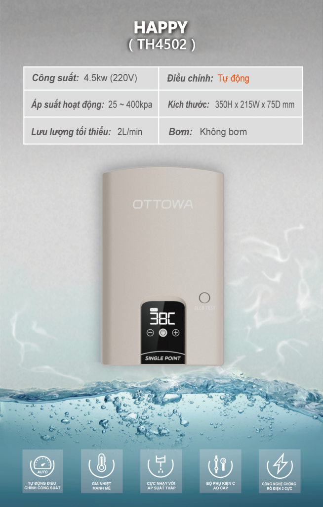 Máy nước nóng trực tiếp Ottowa TH4502 (Không có bơm trợ lực)