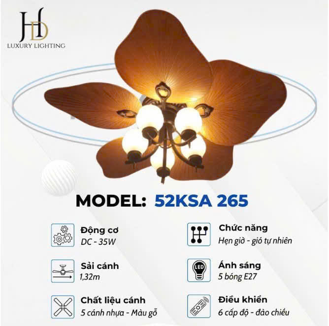 Quạt trần đèn 5 cánh lá cọ Klasse 48KSA 265