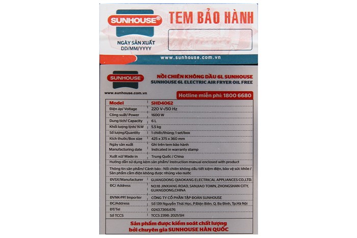 Nồi chiên không dầu Sunhouse SHD4062 6 lít