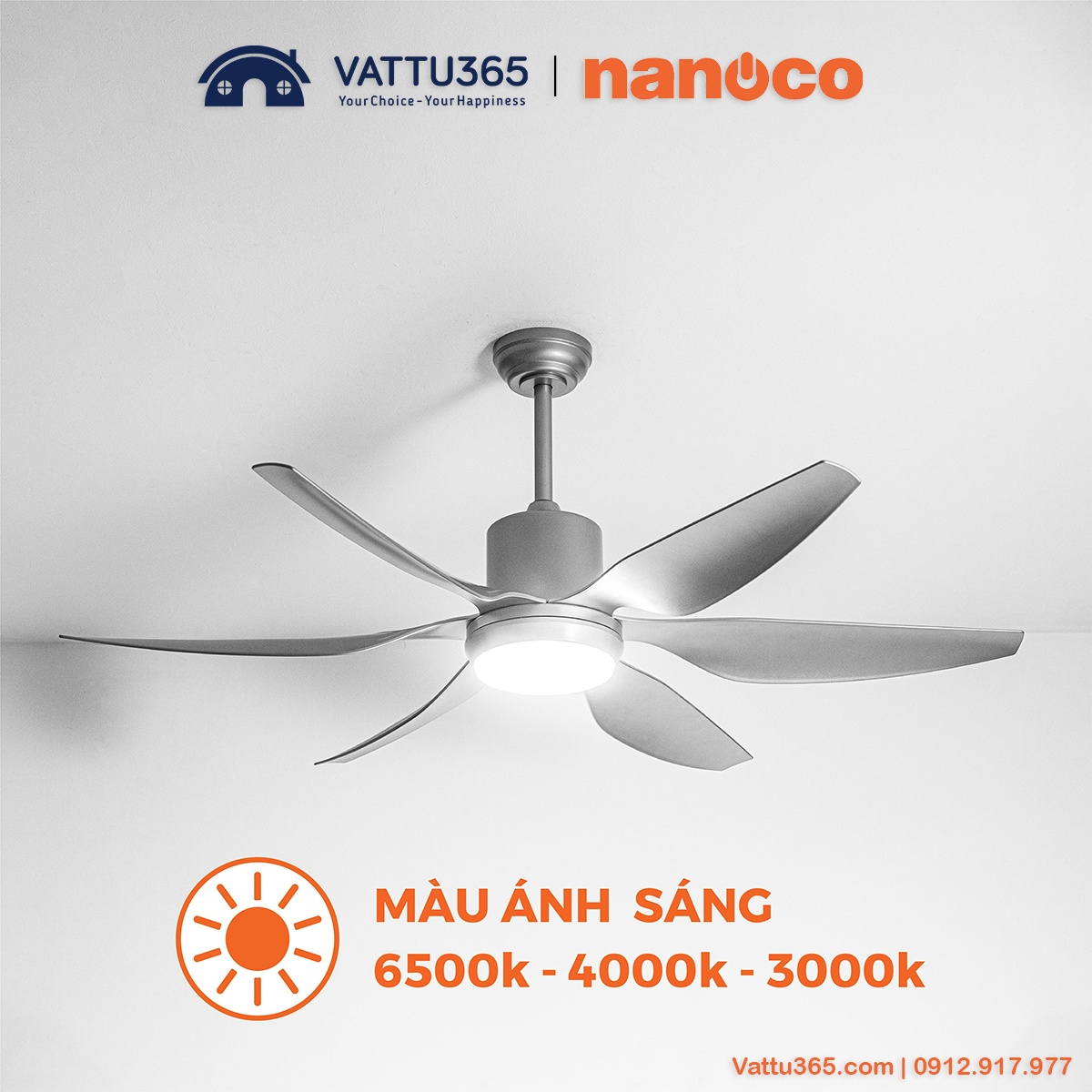 Quạt trần Nanoco NCF5462-SL 6 cánh, có đèn, màu bạc