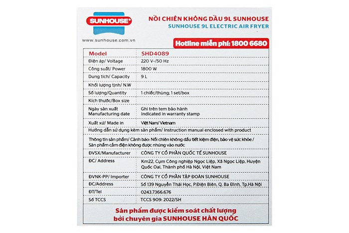 Nồi chiên không dầu Sunhouse SHD4089 9 lít