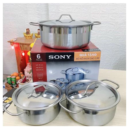 Bộ 3 nồi Inox Sony cao cấp nắp Inox size 16-18-24cm