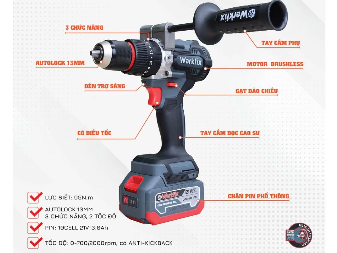 Máy khoan pin Workfix WF-ID1395BL 13mm
