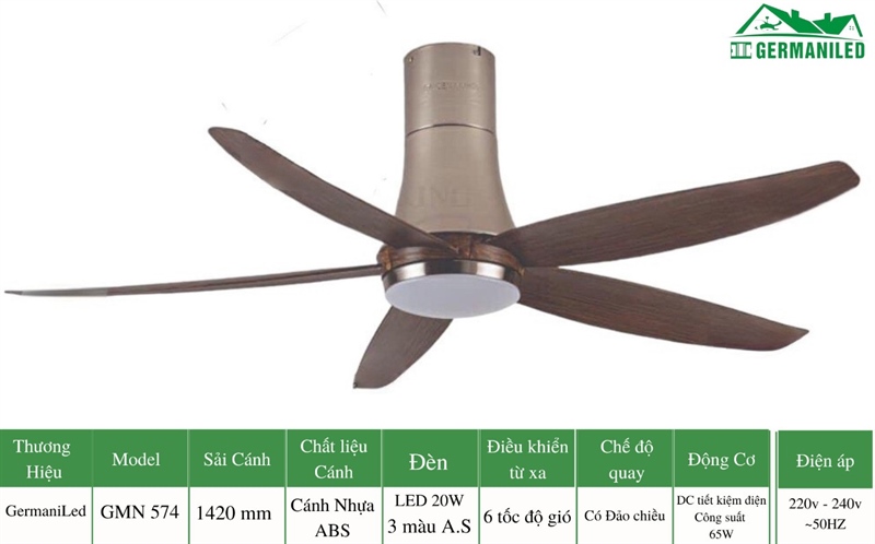 Quạt trần đèn 5 cánh 55w Q574 GMN